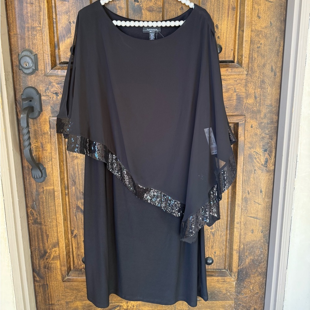 R&M RICHARDS Woman Black Asymmetrical Dress Shimmering Sequin Trim 22 NEW w/TAGS